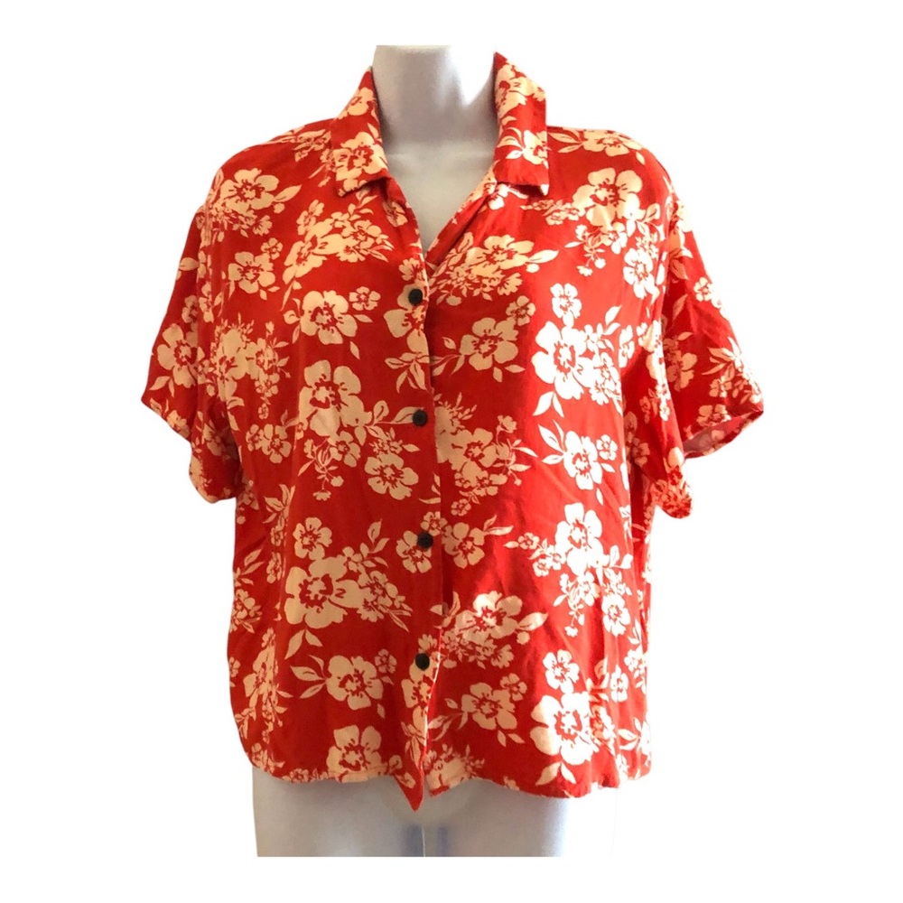 Wild Fable Shirt Sz L Short Sleeve Button Up Orange Floral Tropical Print Rayon